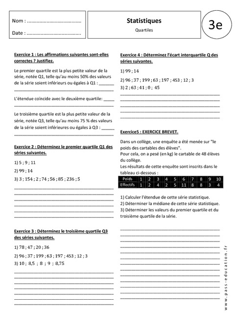 Quartiles - Statistiques - 3ème - Exercices corrigés ...