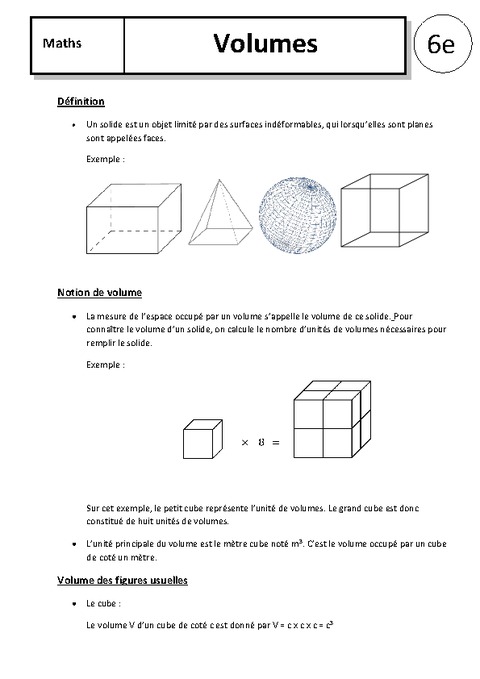 Calcul calculer Volumes – Cours – 6ème – Grandeurs et Mesures – Collège - Pass Education