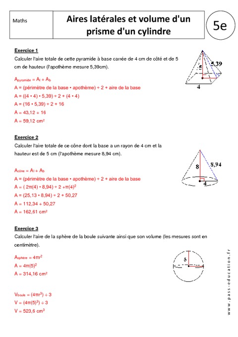 Unité 1 : la mesure Aire latérale et volume d'un prisme - 5ème - Exercices corrigés - Pass