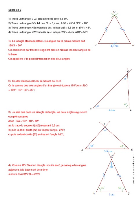 Somme Des Angles D'un Triangle - 5ème - Exercices Corrigés - Pass Education