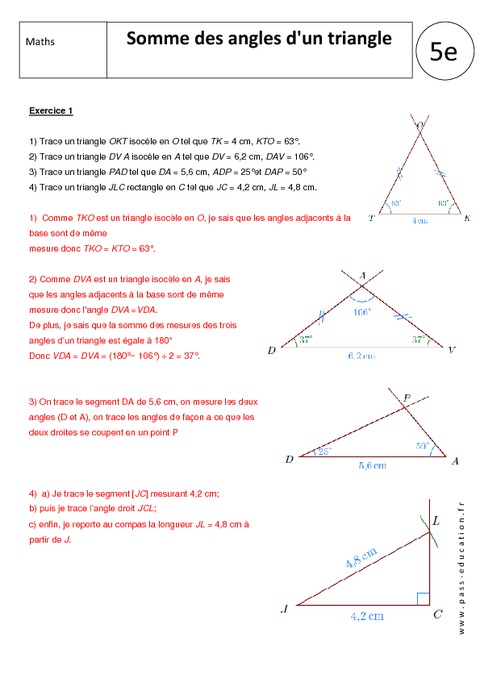 Somme Des Angles D'un Triangle - 5ème - Exercices Corrigés - Pass Education