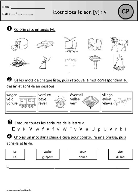 Exercices – Son V – Cp – Etude Des Sons – Cycle 2 - Pass Education