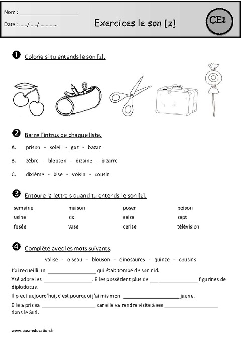 Exercices - Son [z] - s - z – Ce1 – Etude des sons - Pass Education