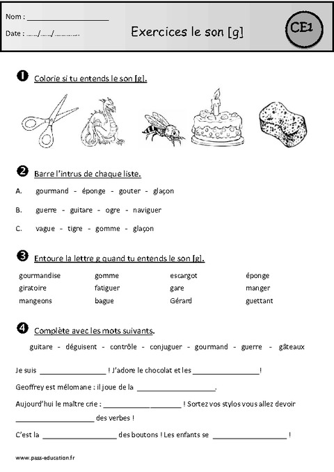 Exercices - G - Gu – Ce1 – Cycle 2 - Etude Des Sons - Pass Education