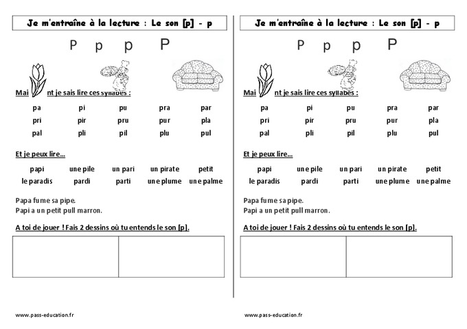 Fiche De Lecture – Son P – Cp – Etude Des Sons – Cycle 2 - Pass Education