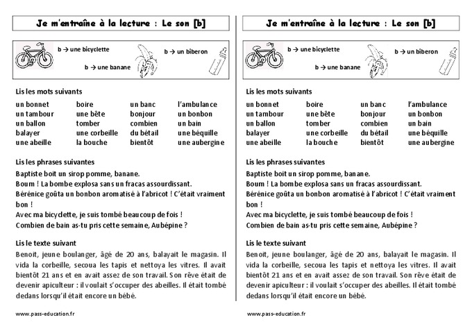 Fiche De Lecture - Son B – Ce1 – Cycle 2 - Etude Des Sons - Pass Education