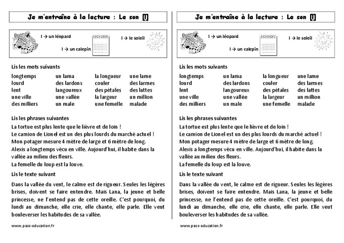 Fiche de lecture - Son l – Ce1 – Cycle 2 - Etude des sons - Pass Education