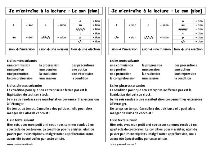 Fiche de lecture - Son sion - ssion - tion – Ce1 – Cycle 2 - Etude des ...