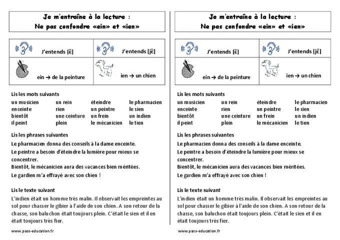 Fiche De Lecture - Ein Et Ien – Ne Pas Confondre – Ce1 – Cycle 2 - Pass ...