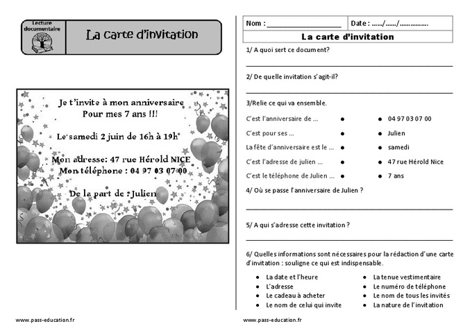 La carte d'invitation – Ecrit fonctionnel – Ce1 – Lecture 