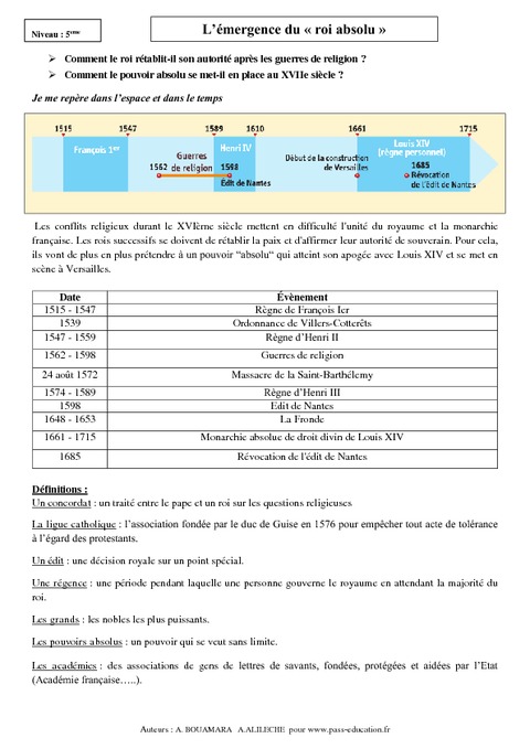 Emergence du roi absolu - 5ème - Cours - Pass Education