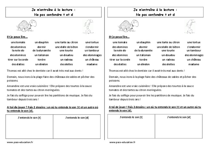 Fiche De Lecture Ne Pas Confondre T Et D Cp Etude Des Sons Cycle 2 Pass Education 4076