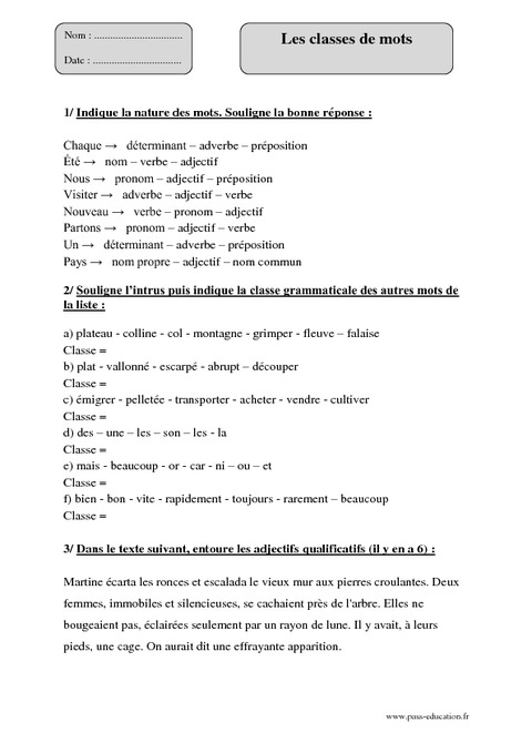 Classes De Mots Cm2 Fiche Dexercices Avec Correction Pass Education