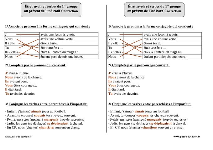 Être, avoir - Verbes du 1er groupe – Imparfait - Ce2 – Exercices - Pass