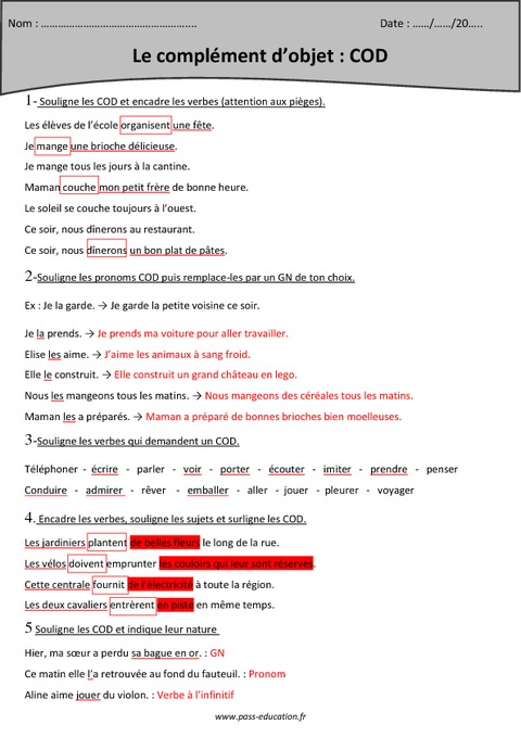 Complément dobjet COD Cm1 Exercices avec correction Pass Education