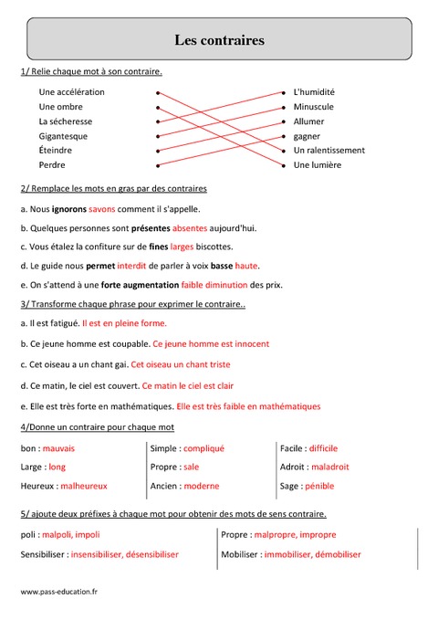 Contraires Cm Fiche Dexercices Avec Correction Pass Education