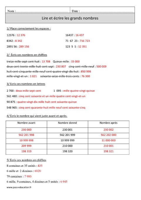 Lire Et Crire Les Grands Nombres Cm Exercices Imprimer Pass