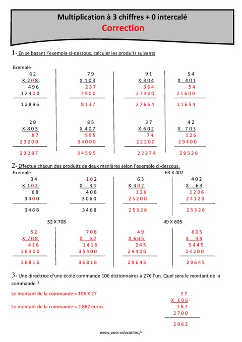 Multiplication à 3 chiffres 0 intercalé Cm1 Exercices Pass