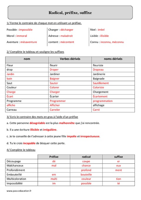 Radical préfixe suffixe Cm2 Fiche dexercices avec correction