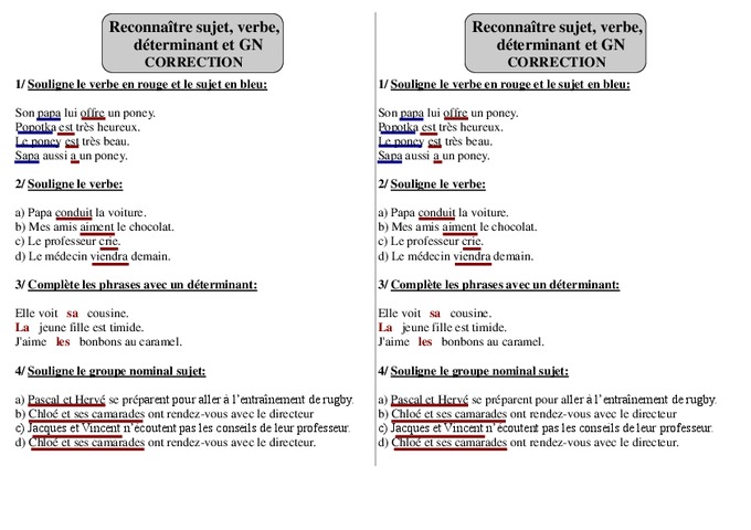 Sujet – Verbe – Déterminant – Groupe Nominal – Ce1 - Exercices - Pass