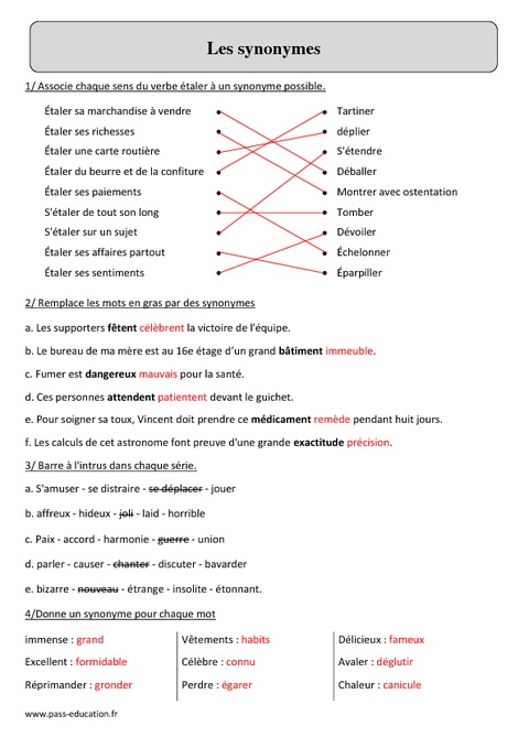 Synonymes Cm Fiche Dexercices Avec Correction Pass Education