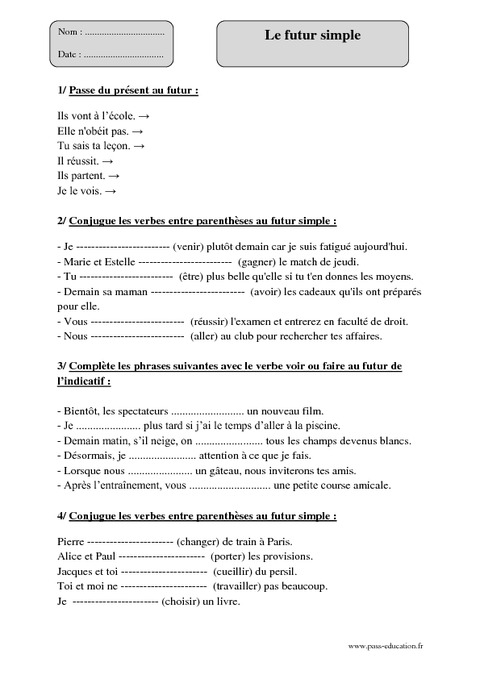 Futur Simple – Cm1 – Exercices à Imprimer - Pass Education