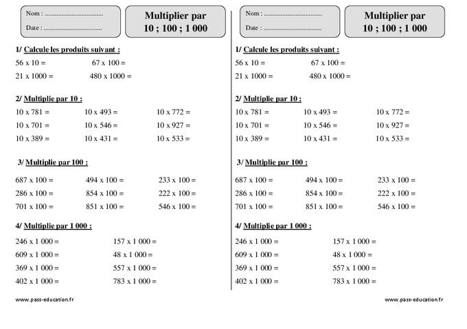 Multiplier Par 10 100 Ou 1000 Exercices à Imprimer