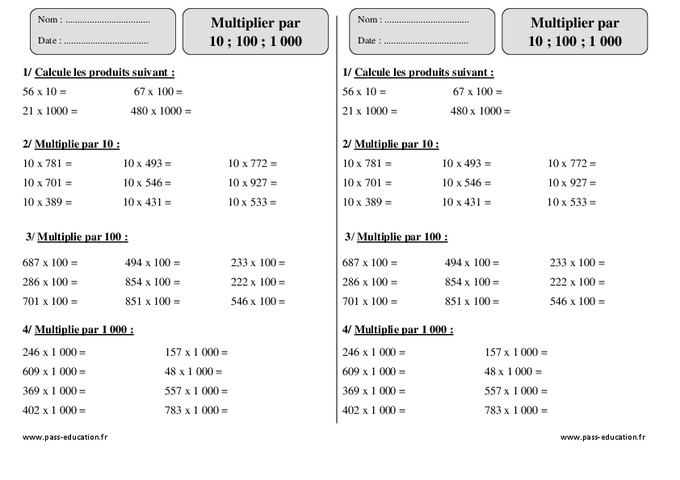 Multiplier Par 10 100 1 000 Ce2 Exercices Avec Correction