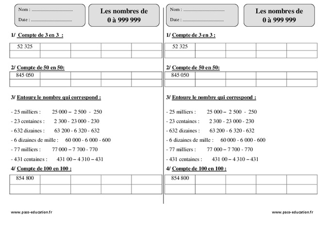 Nombres de 0 à 999 999 – Ce2 – Révisions à imprimer - Pass Education
