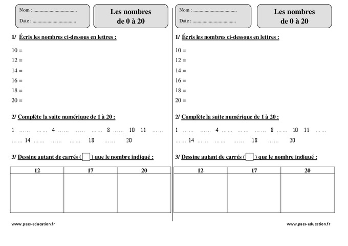 Nombres de 0 à 20 – Ce1 – Exercices à imprimer - Pass Education