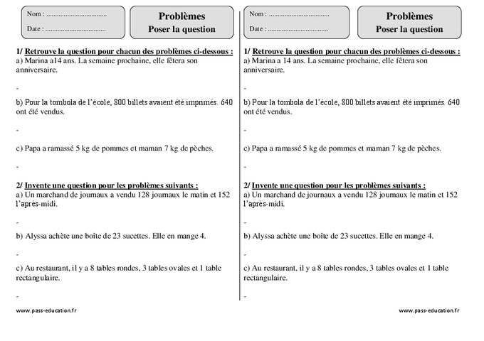 Poser la question – Ce2 – Problèmes à imprimer - Pass Education