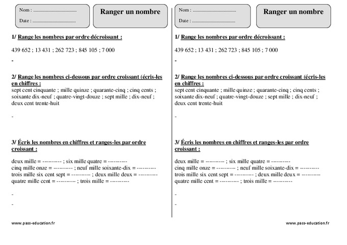 Comparer Ranger Encadrer Des Nombres Ce2 Exercices Pdf