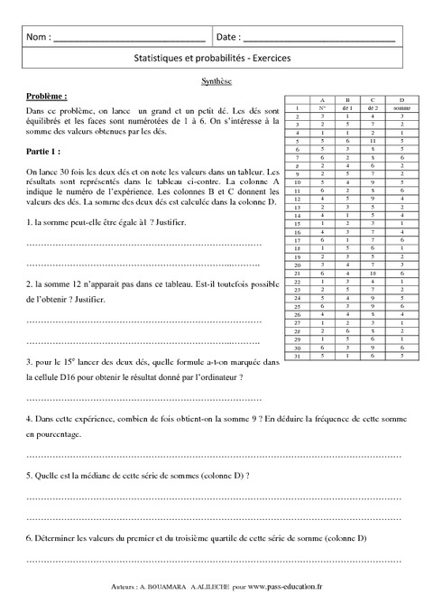 dés probabilité que la somme soit égale à 12