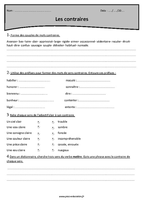 Antonymes - Contraires - Cm2 - Exercices à imprimer - Pass ...