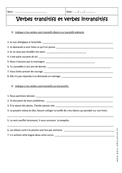 Verbes transitifs et intransitifs - 4ème - Exercices ...