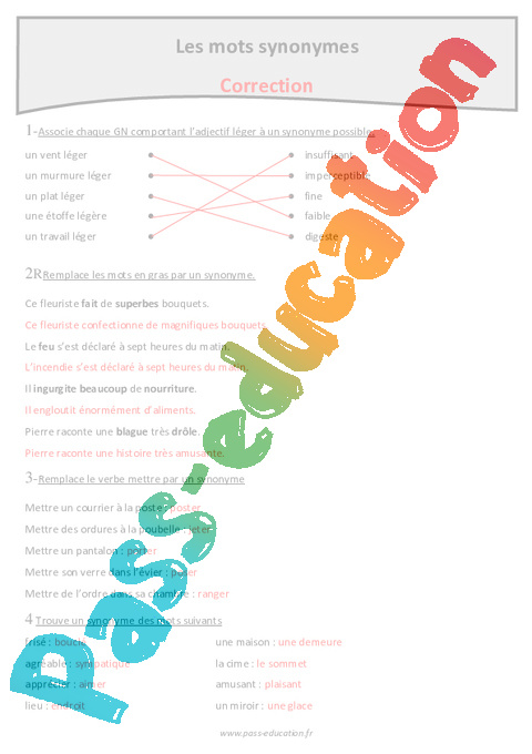 Mots Synonymes Cm1 Exercices Avec Correction Pass Education