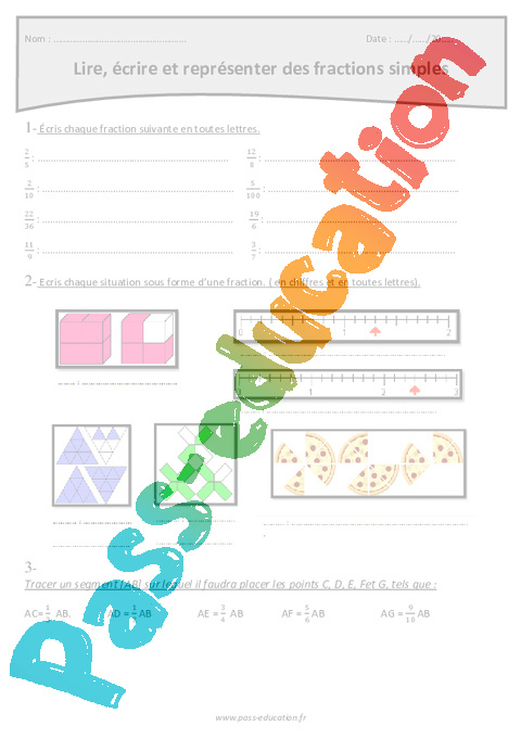 Lire écrire et représenter des fractions simples Cm Exercices Pass Education