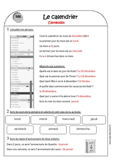 Calendrier Ce1 Exercices à Imprimer Pass Education