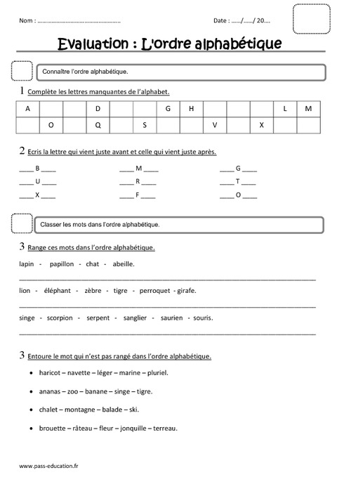 Ordre Alphab tique Ce2 Evaluation Pass Education