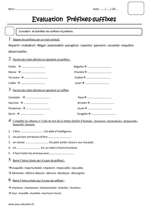 Préfixe - Suffixe - Cm2 - Evaluation - Pass Education