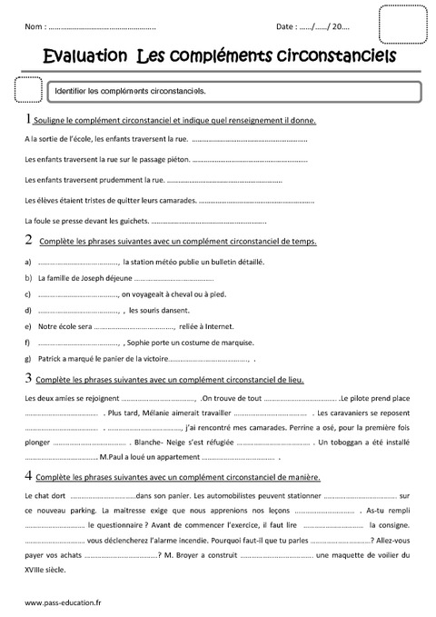 Temps lieu et manière Compléments circonstanciels Cm2 Evaluation