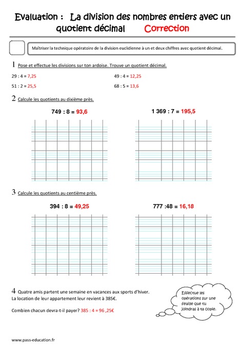 Division Des Nombres Entiers Avec Quotient Décimal Cm2 Evaluation Pass Education