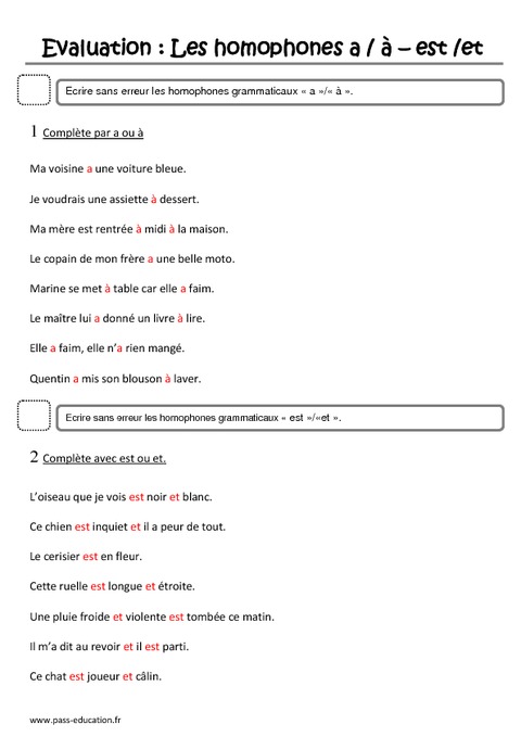 à, A - Est,et - Homonymes - Homophones - Ce1 - Evaluation - Pass Education