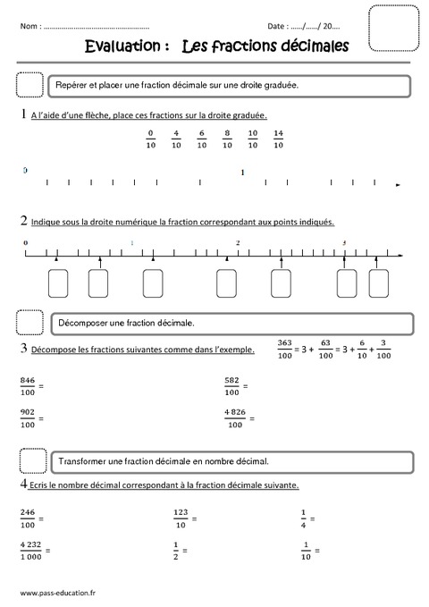 Fractions décimales aux nombres décimaux - Cm2 - Evaluation - Pass ...