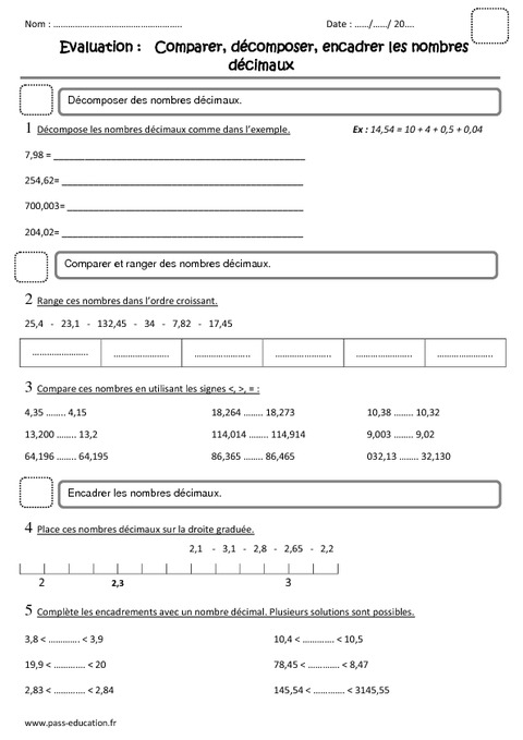 Nombres Décimaux Cm2 Evaluation Comparer Décomposer Encadrer Pass Education