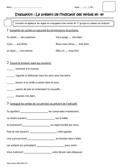 Présent Des Verbes En Er Ce1 Evaluation Pass Education 