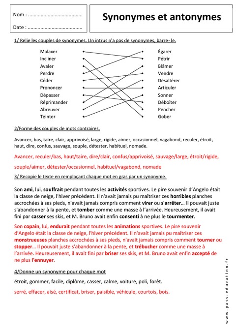 Antonymes - Synonymes - 6ème – Exercices corrigés - Pass ...