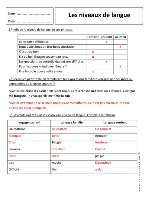 langage familier  soutenu  courant  u2013 6 u00e8me  u2013 exercices sur les niveaux de langue