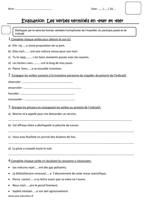 Verbes Terminés En -eter Et -eler - Cm2 - Evaluation - Pass Education