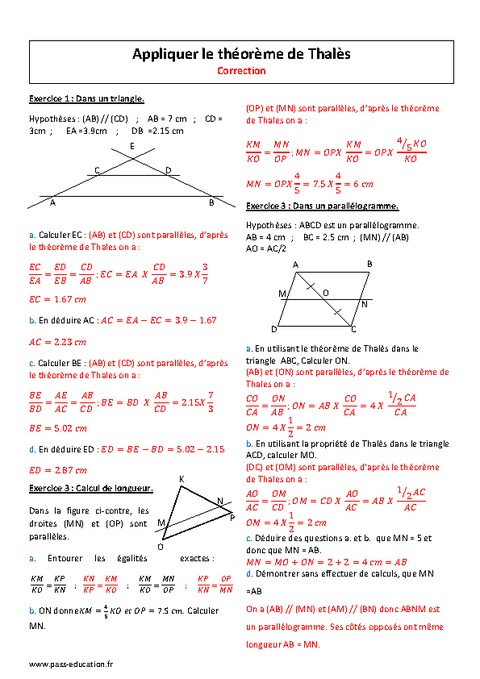 Appliquer Le Théorème De Thalès 4ème Exercices Corrigés Pass Education 7362